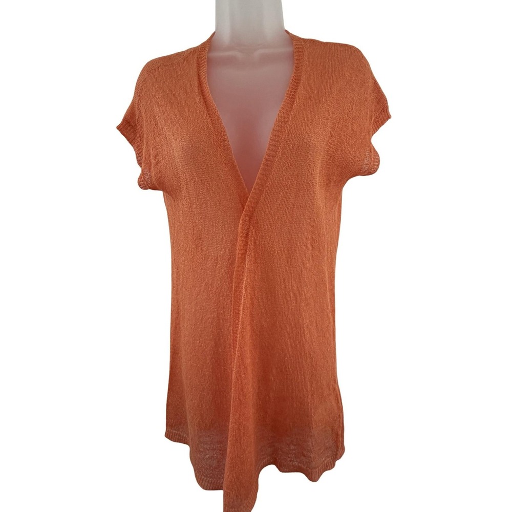 Eileen Fisher Cardigan Sweater Womens S Orange 100% Linen Open Knit Sheer Rare